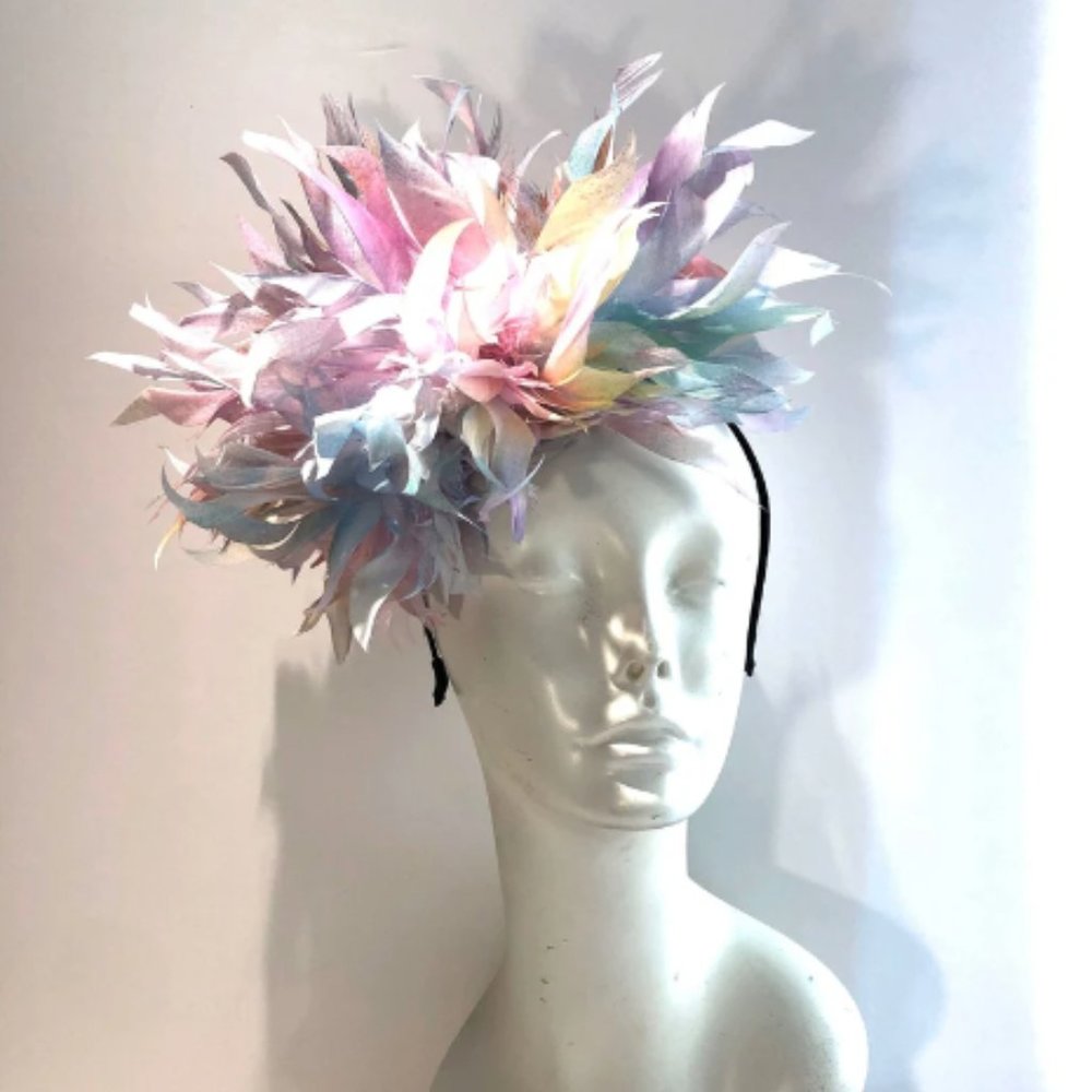 Derby Fascinator! Multicolor Feather Headband Pink Blue Tea Party Wedding Races